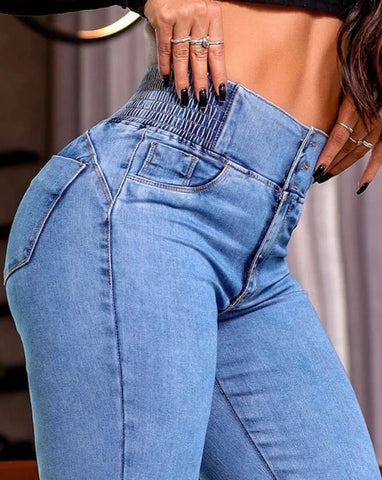 Fashionable Women's New Jeans Back Shirred Button Front High Waist Jeans Temperament Commuting Casual Comfortable Jeans Elite Boutique