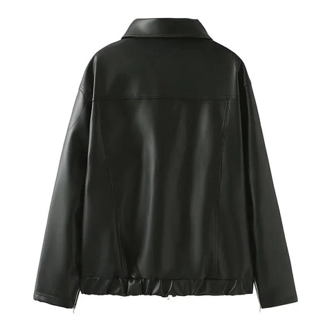 Women's Winter Jacket Women Vintage Faux Leather Coat Fashion Pu Lapel Collar Bow Zipper Overcoat Female Casual Tops Clothing Elite Boutique