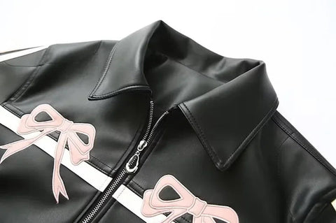Women's Winter Jacket Women Vintage Faux Leather Coat Fashion Pu Lapel Collar Bow Zipper Overcoat Female Casual Tops Clothing Elite Boutique