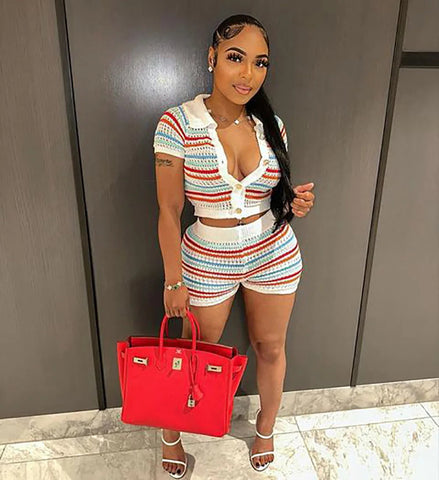 FAGADOER Summer Knitted Two Piece Sets Women Outfits Lapel Collar Buttons Crop Top + Shorts Y2k Sweethot Street Matching Sets Elite Boutique