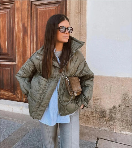 Quilted coat for women ETJ 2024traf QUILTED JACKET WITH TIES new beige drawstring high neck pocket clip cotton jacket for women Elite Boutique