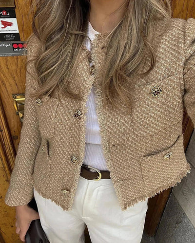 Chic Female Tweed Basic Jacket Coat Women Clothing Woolen Outerwear Long Sleeve Front Button Female Outerwear Chic Tops Elite Boutique