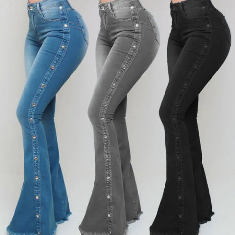 Women’s High Waisted Denim Flare Pants with Stretch. Elite Boutique