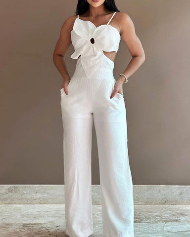 Women's White Three-dimensional Flower Design Sling One-piece Trousers Elite Boutique